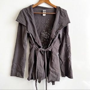 Lucky Brand Y2K Wrapped Cardigan Sweater Size XL, Cotton Stone Grey Embroidered